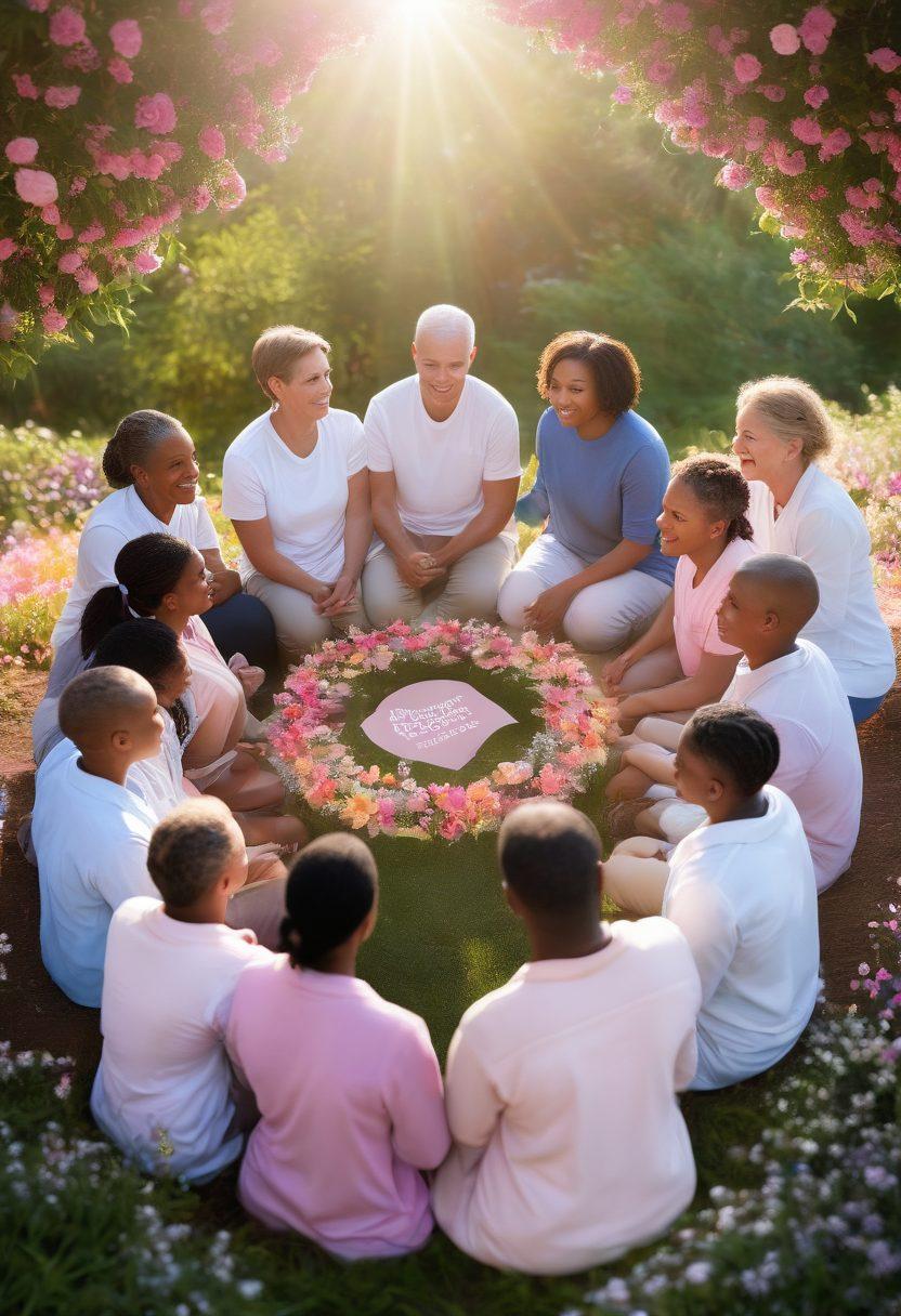 A diverse group of individuals, united in a circle, sharing stories and support in a serene outdoor setting, surrounded by flowers symbolizing hope and resilience. Ethereal sunlight filtering through trees, illuminating their faces with warmth and connection. Include ribbons of various colors representing different types of cancer awareness. Vibrant colors. super-realistic. uplifting atmosphere.