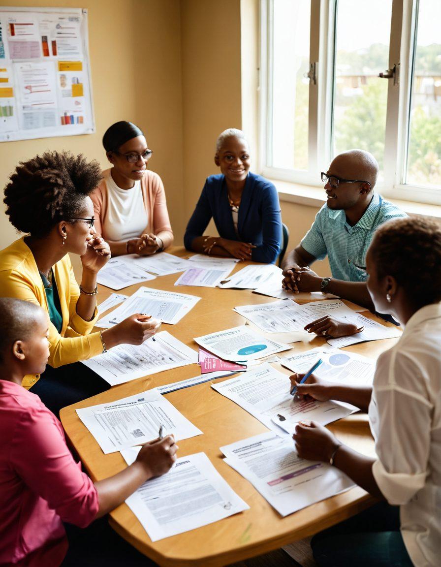 An inspiring scene depicting a diverse group of individuals engaged in a community health workshop, passionately discussing oncology advocacy. Infographics and pamphlets about cancer awareness are scattered on the table, while a speaker gestures towards a presentation. The room is filled with sunlight, creating an atmosphere of hope and empowerment. Emphasize an inclusive and optimistic tone. vibrant colors. super-realistic. bright background.